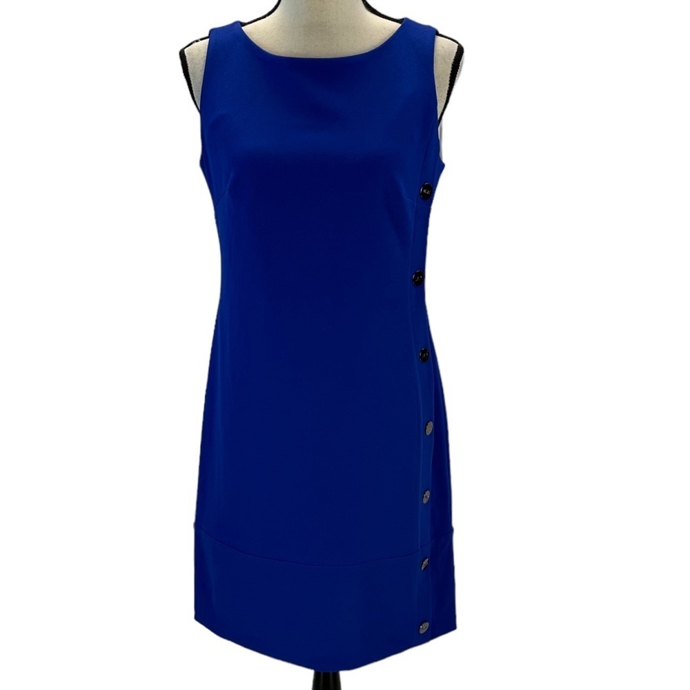 DKNY Sleeveless Round Neck Decorative Side Button Mini Dress - Blue - size 6